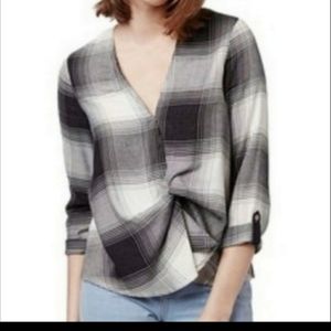 Topshop Grey & White Plaid Wrap Front Flannel Shirt